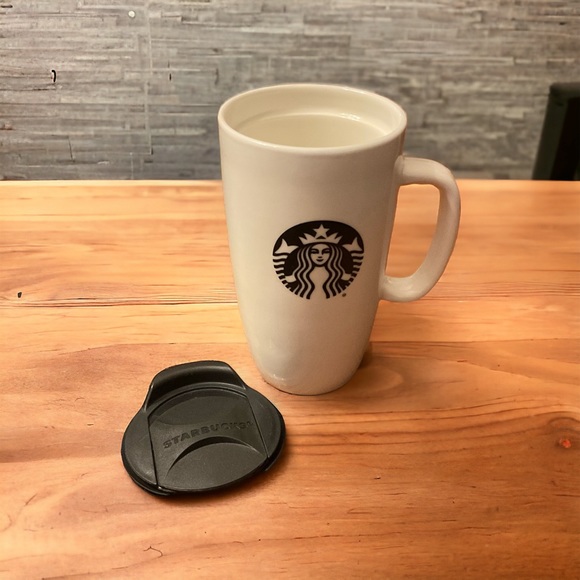Starbucks White Ceramic Snap On Slide To Open Lid White 16 Ounce Mug! - Picture 4 of 9